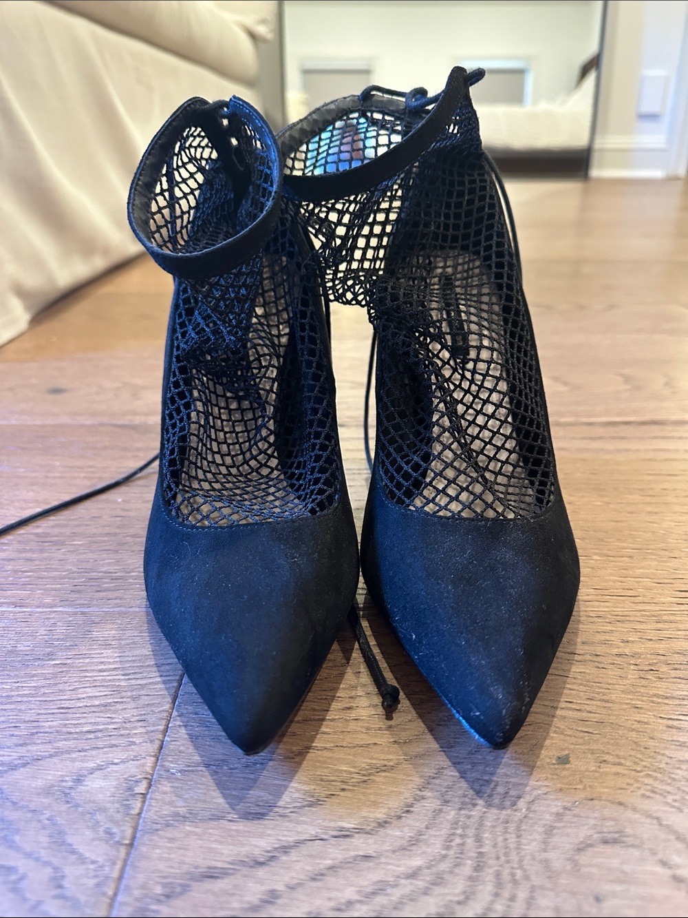 Zara Black Mesh Pointed Lace-Up Heels